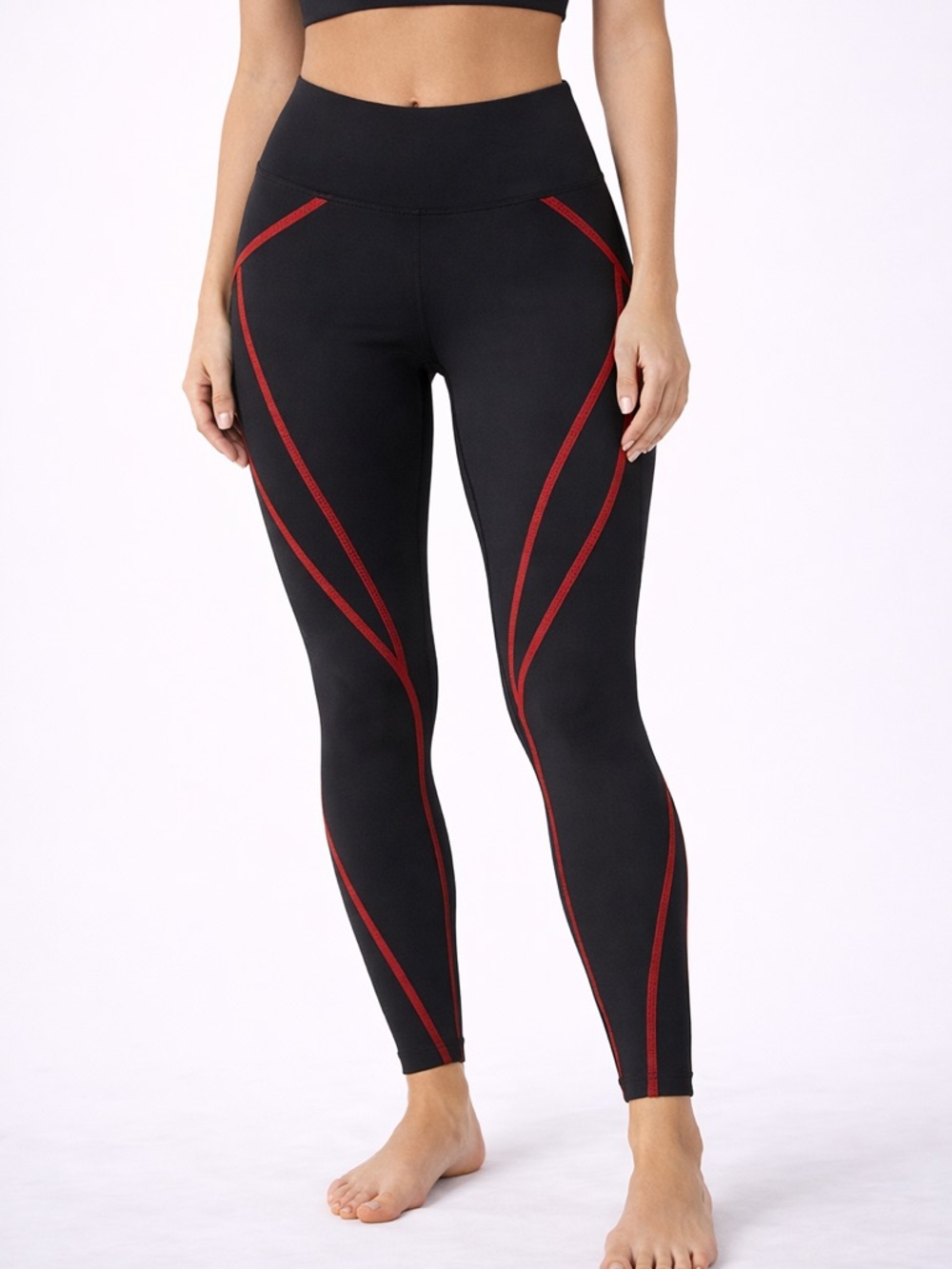 High-Rise Black Workout Yoga Leggings with Red Contour Piping